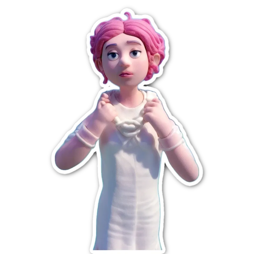 A girl is adjusting her necklace in a white dress.