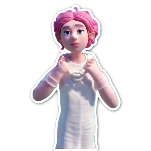 A girl is adjusting her necklace in a white dress.