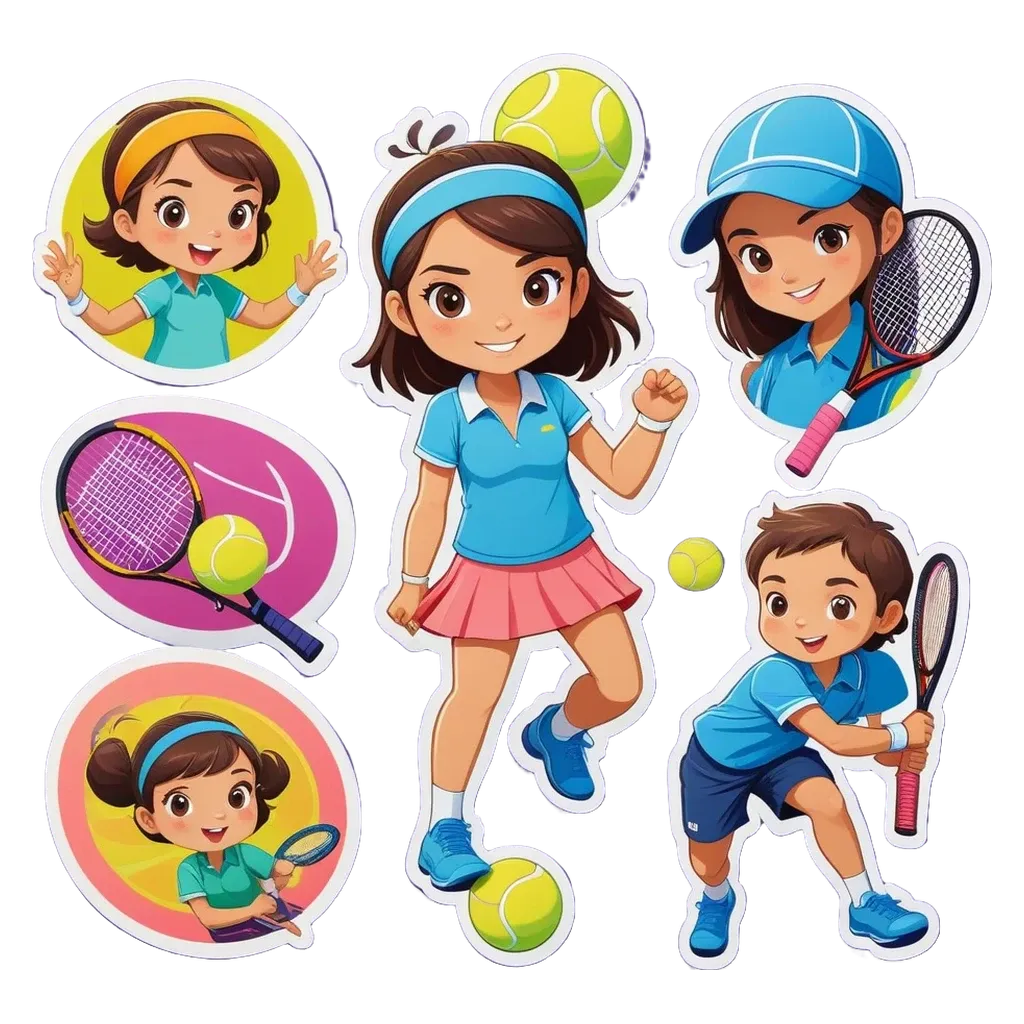 A kids tennis themed stickers set with a girl, boy and tennis balls.