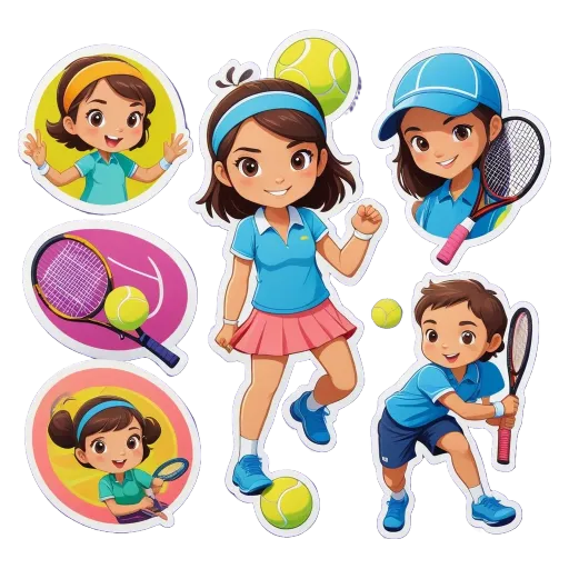 A kids tennis themed stickers set with a girl, boy and tennis balls.