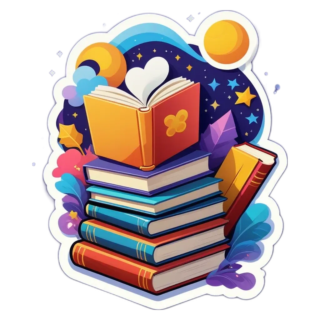 A stack of books with a heart and stars surrounding them.