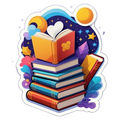 A stack of books with a heart and stars surrounding them.