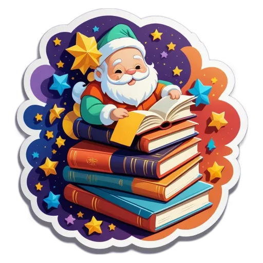 A cartoon depiction of santa claus reading a bunch of books.