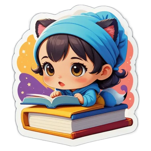 A girl reading a book with a sticker that has a cat on it.