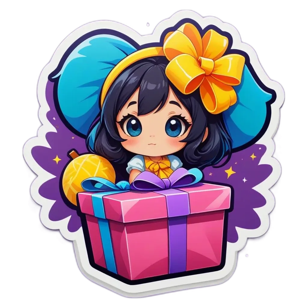 A girl with a bow on her head is looking down at a present.