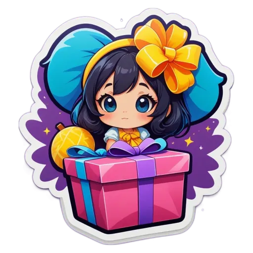 A girl with a bow on her head is looking down at a present.