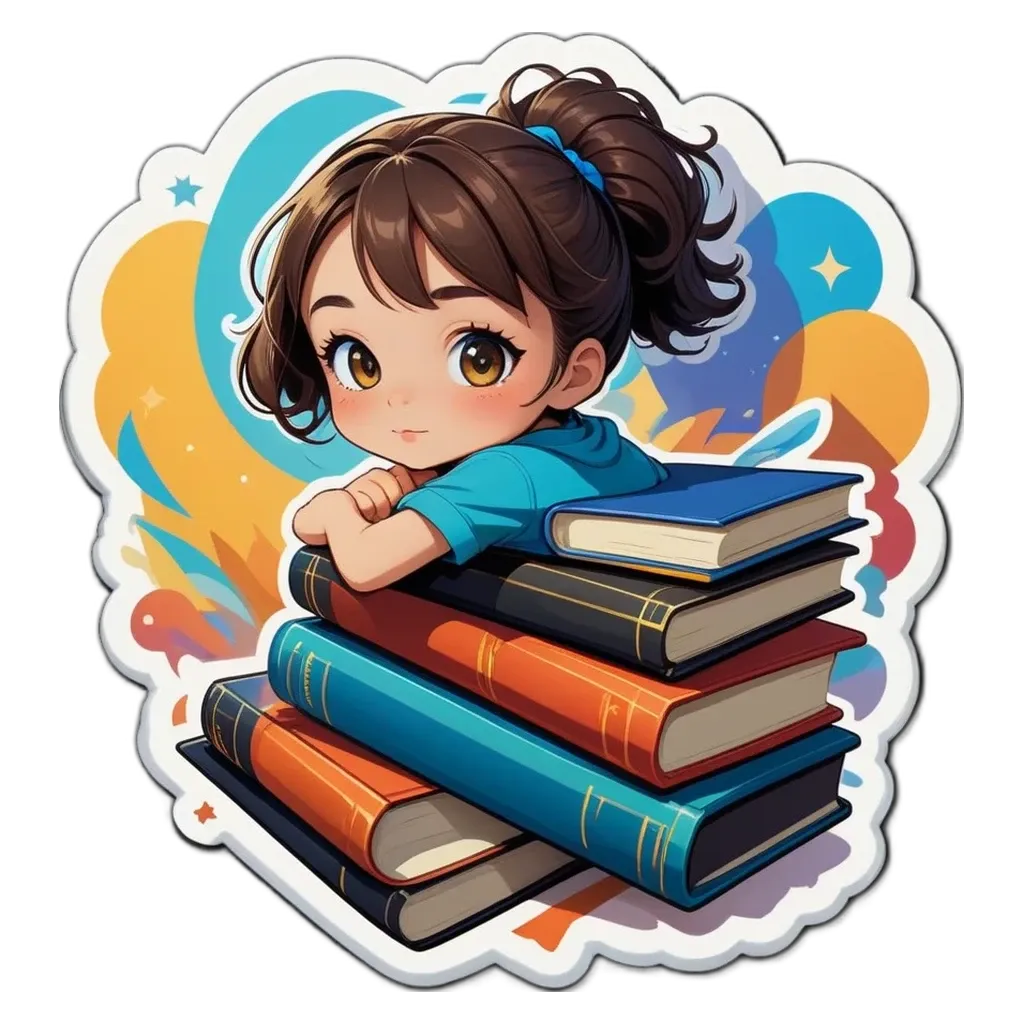 A girl with a huge smile on her face resting her head on a stack of books.