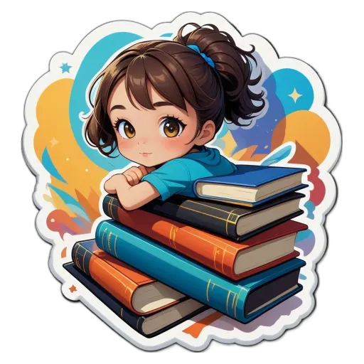 A girl with a huge smile on her face resting her head on a stack of books.