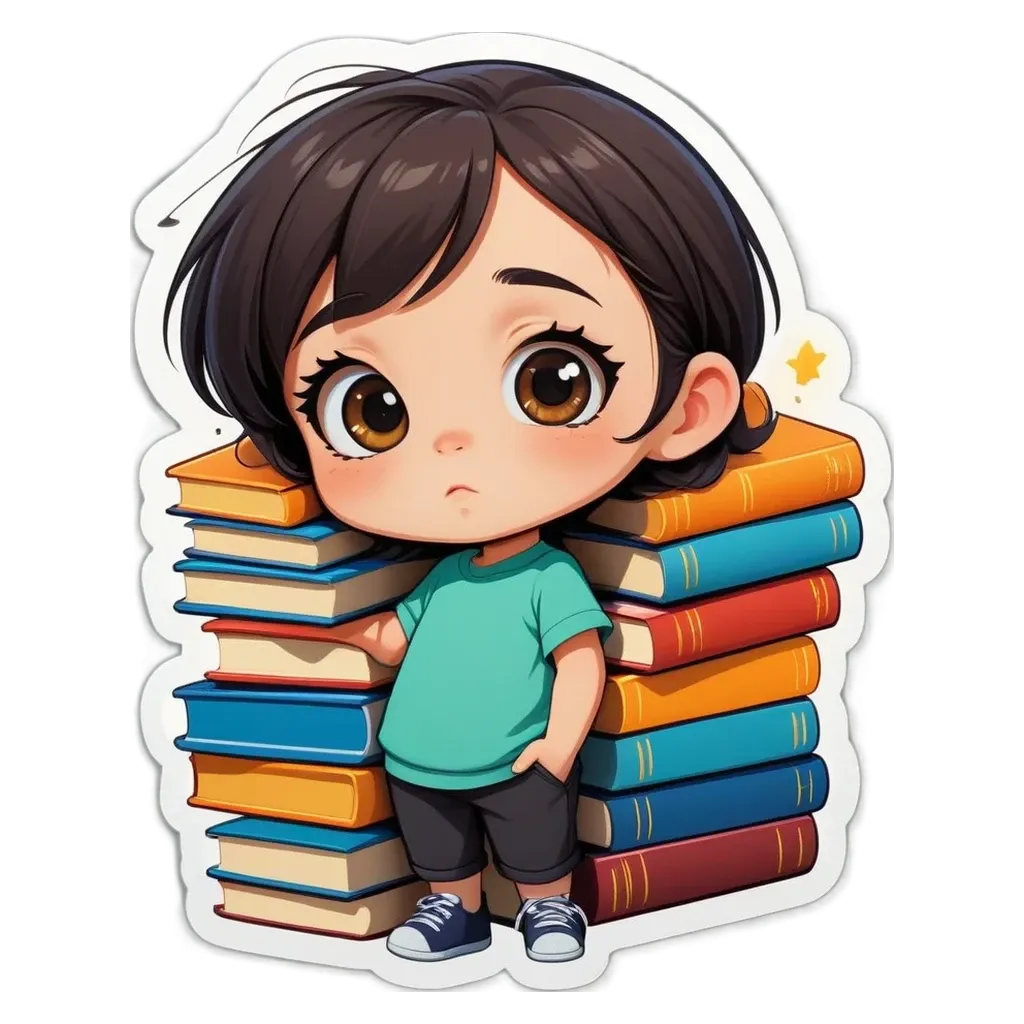 A girl standing with her head down holding a stack of books.