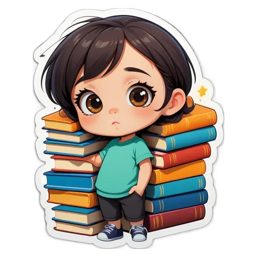 A girl standing with her head down holding a stack of books.
