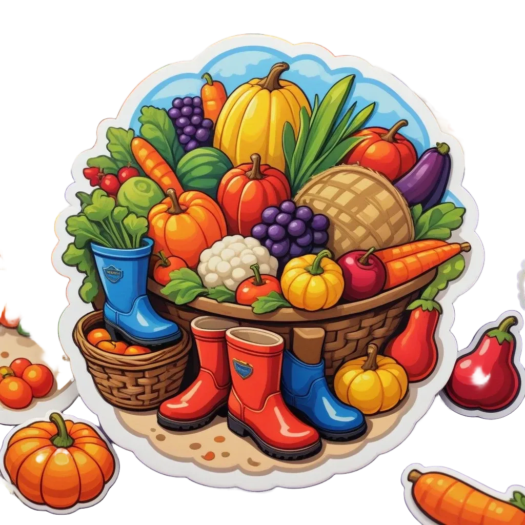 A collection of cartoon like stickers of fruit and vegetables.
