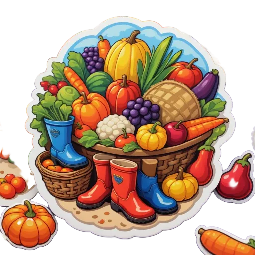 A collection of cartoon like stickers of fruit and vegetables.