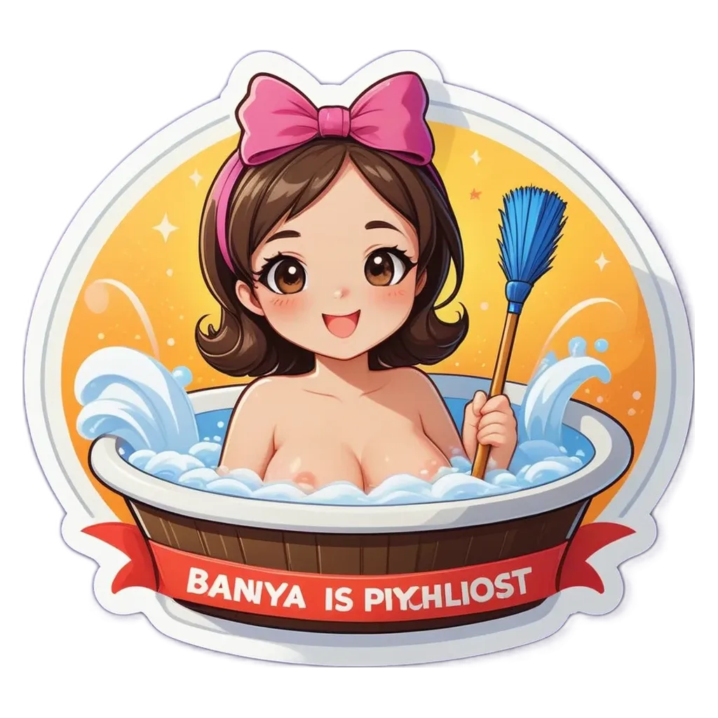 A sticker of a girl in the bathtub that says Banya is Psychloist.