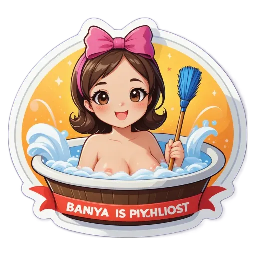 A sticker of a girl in the bathtub that says Banya is Psychloist.