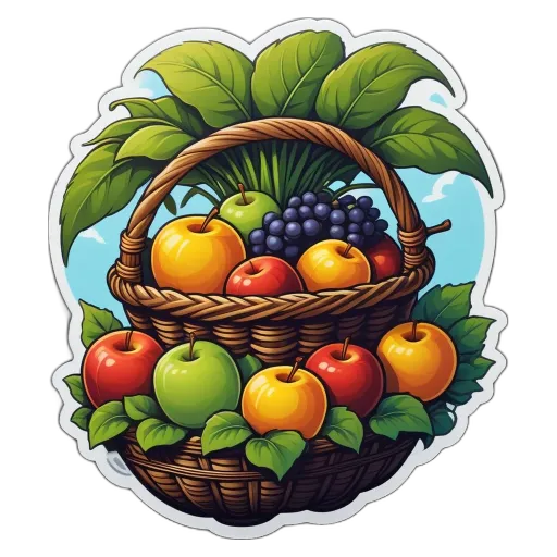 A basket of fruit is drawn on a black background.