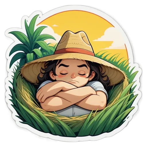 A girl is sleeping in the grass wearing a straw hat.