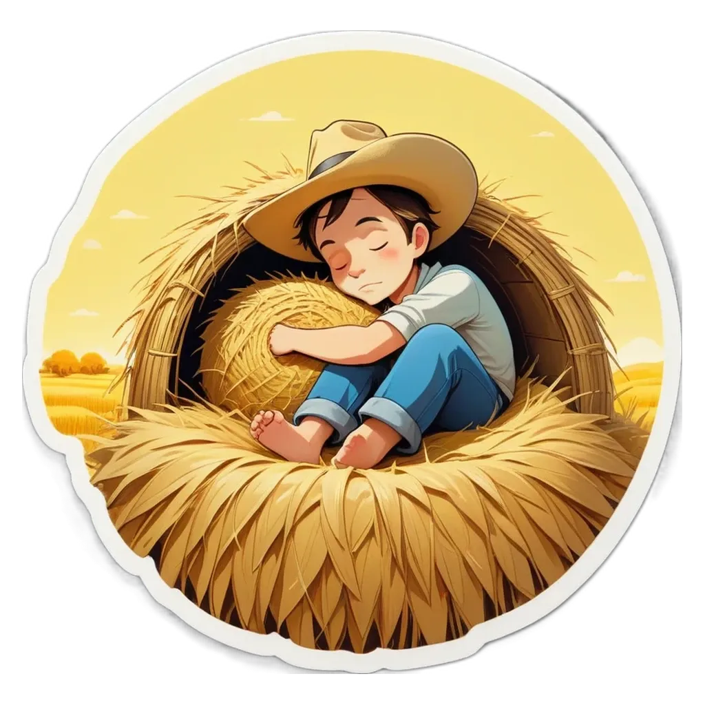 A boy is sleeping inside of a hay bale.