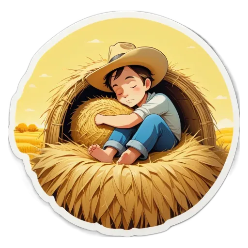 A boy is sleeping inside of a hay bale.