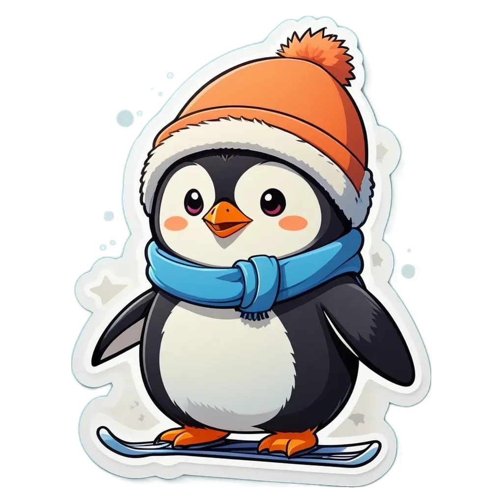 A penguin wearing a blue scarf is standing on a snowboard.