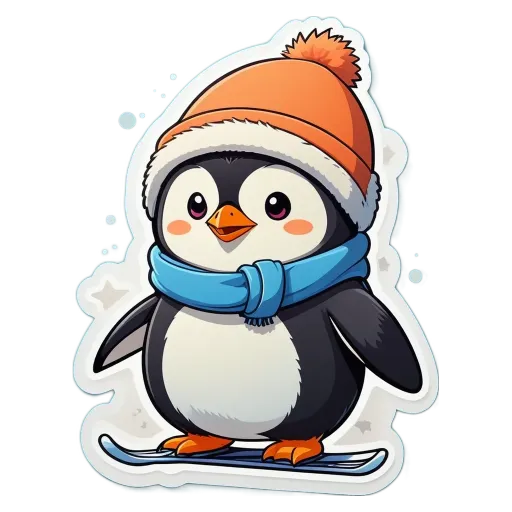 A penguin wearing a blue scarf is standing on a snowboard.
