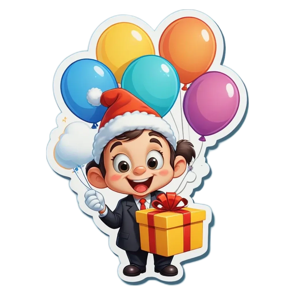 A boy in a suit holding a box with balloons.