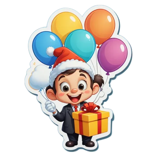 A boy in a suit holding a box with balloons.