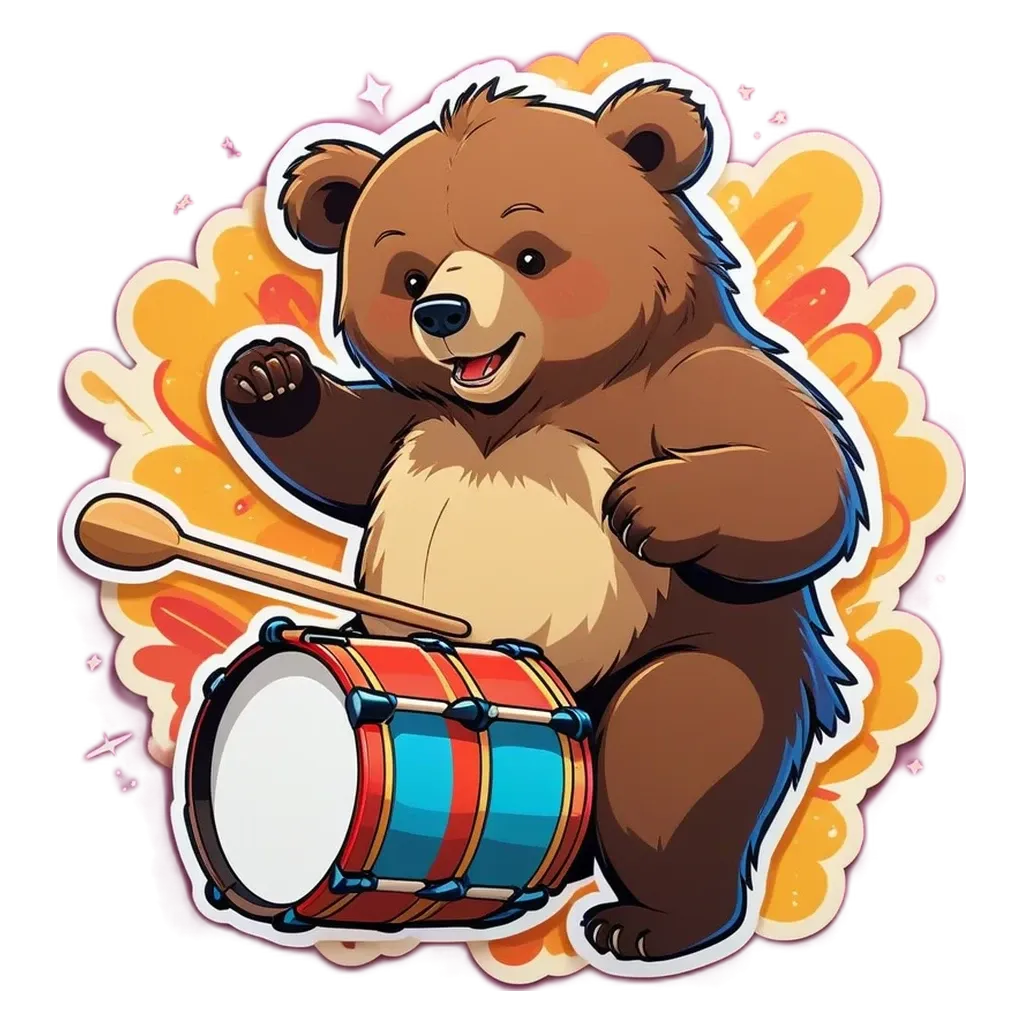 A drum bear is playing the drum with his paws.
