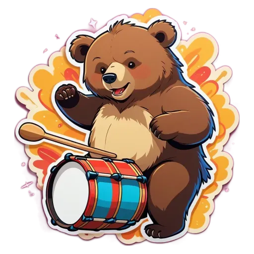 A drum bear is playing the drum with his paws.