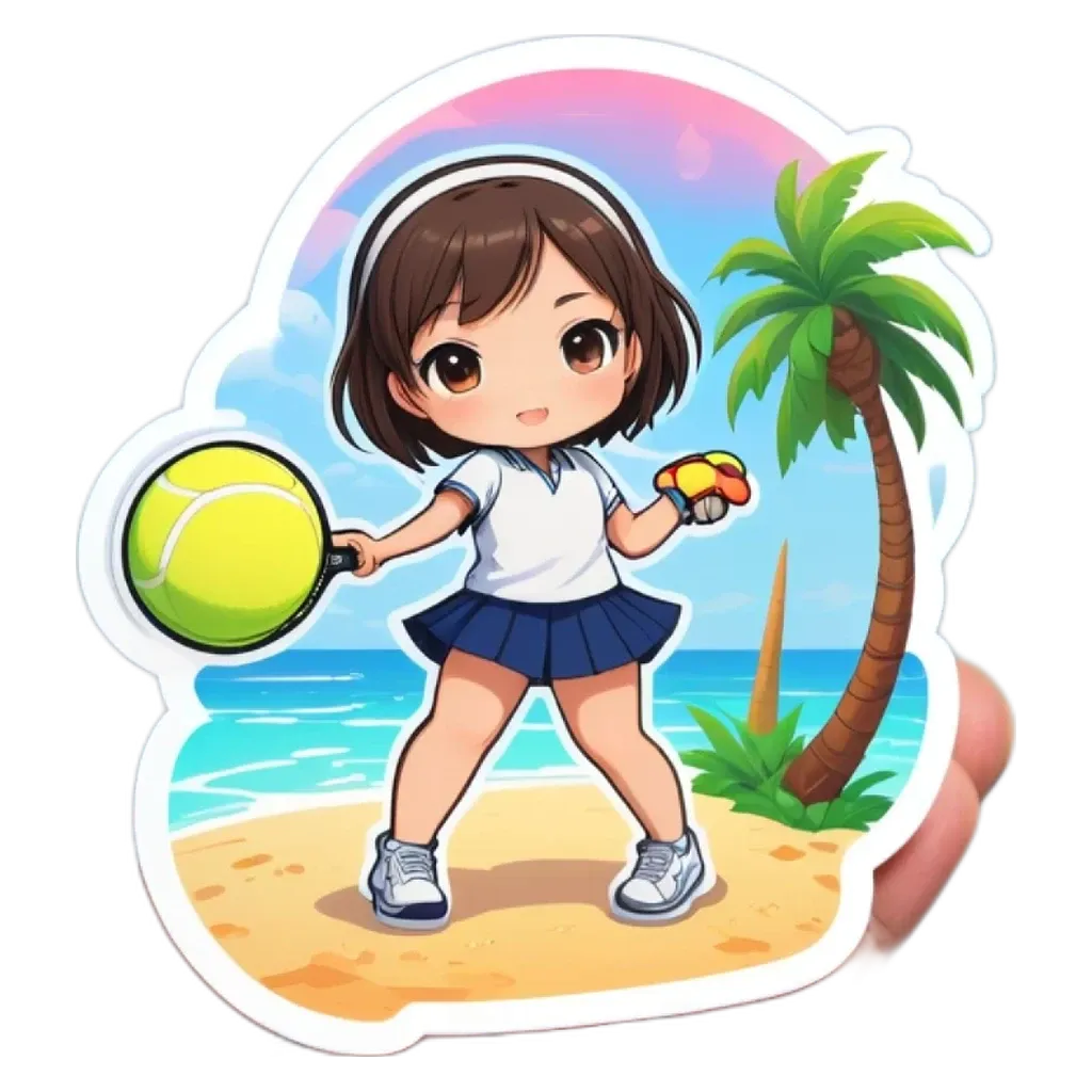 A girl playing tennis on a beach.