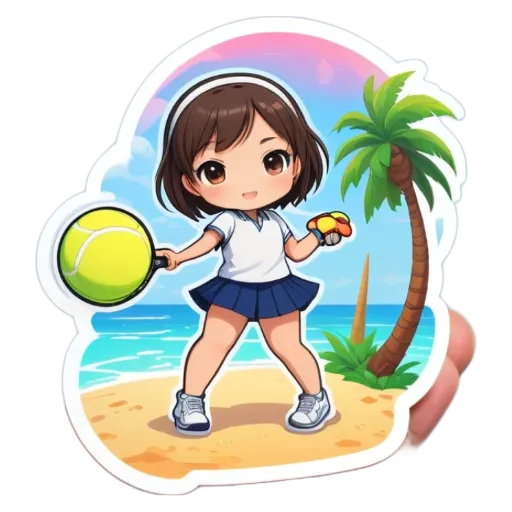 A girl playing tennis on a beach.