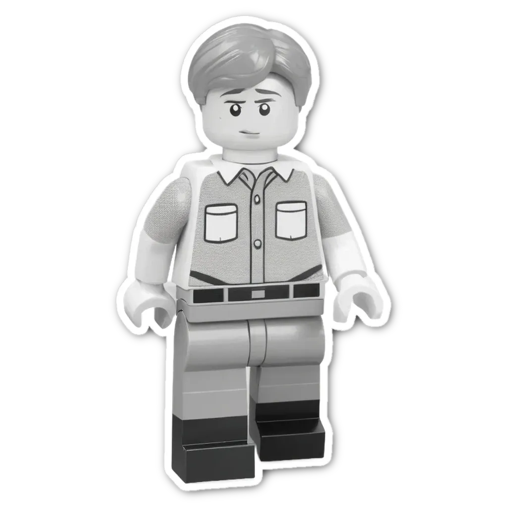 A white and black lego person with a black belt.