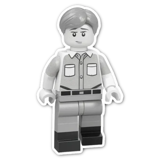 A white and black lego person with a black belt.