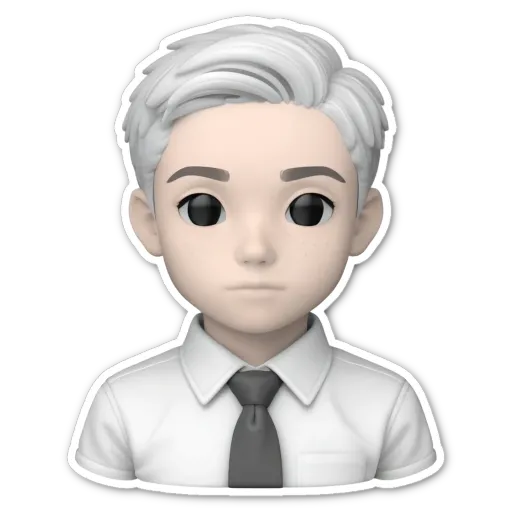 A sticker of a boy with white hair and a black tie.