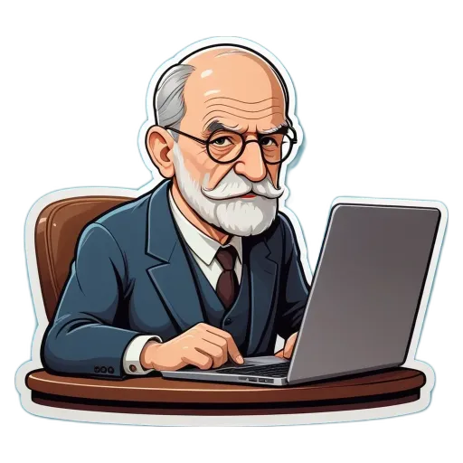 A cartoon depiction of a man working on a laptop.