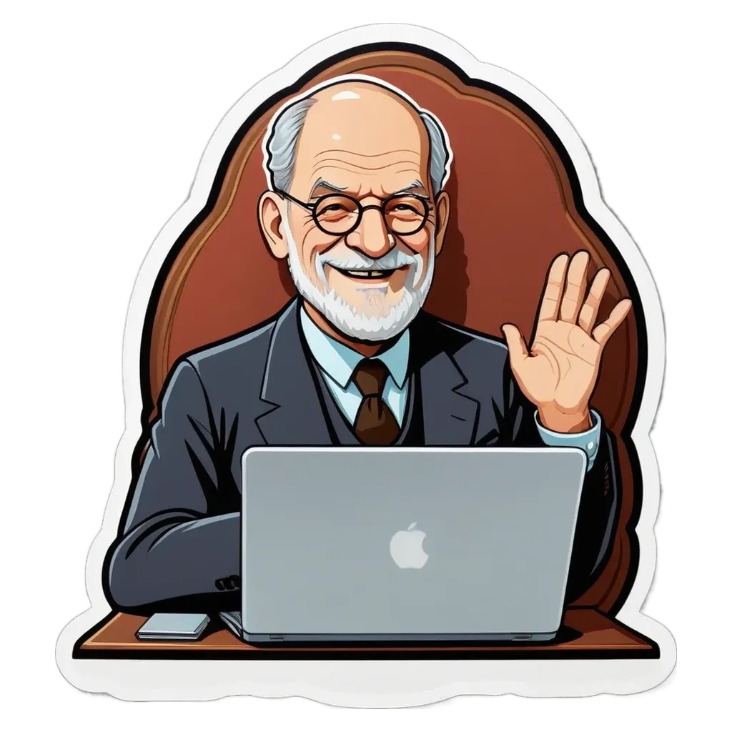 An old man with a laptop cartoon sticker is really enjoying the moment.