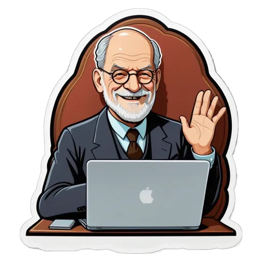 An old man with a laptop cartoon sticker is really enjoying the moment.