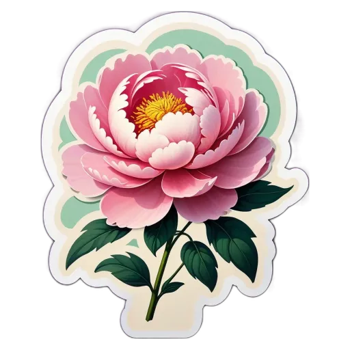 A pink sticker of a flower with green leaves and a yellow center.