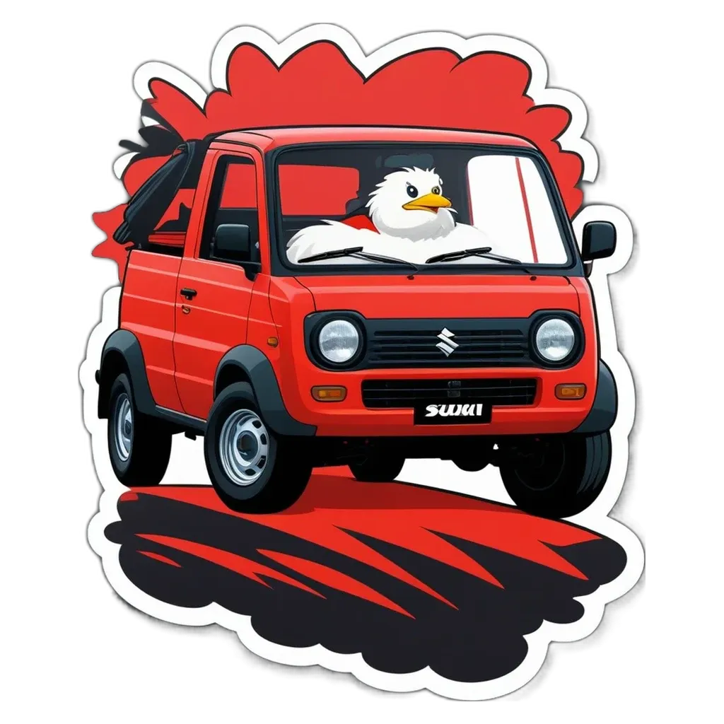 A red suzuki vehicle with an eagle as its driver.