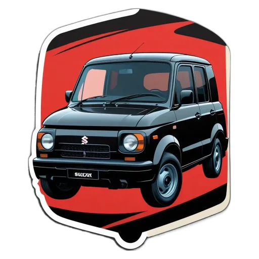 A black suzuki station wagon is depicted with a red and black background.