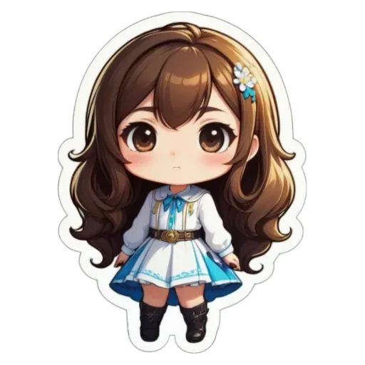 A girl with a white dress and blue flowers is standing on a black and white background.