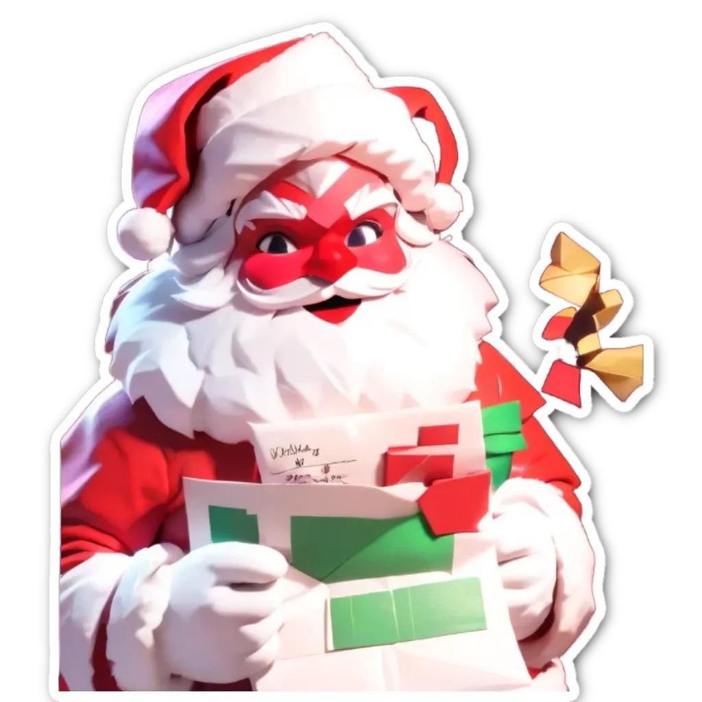 A fake santa claus holding a letter with a smiley face looking back at the camera.