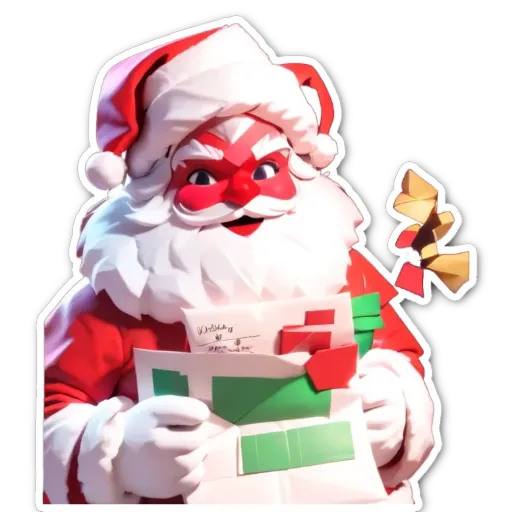 A fake santa claus holding a letter with a smiley face looking back at the camera.