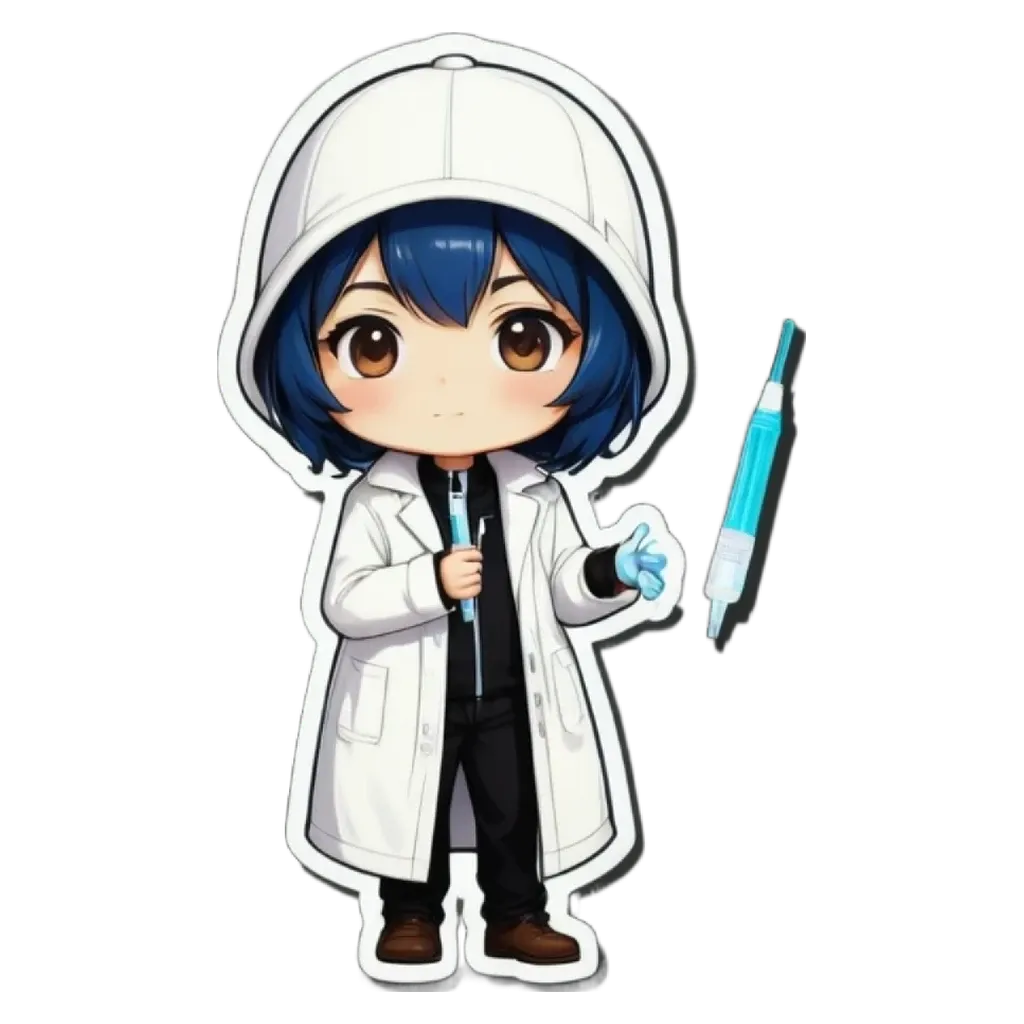 A sticker of a girl with a doctor coat who is holding a syringe.