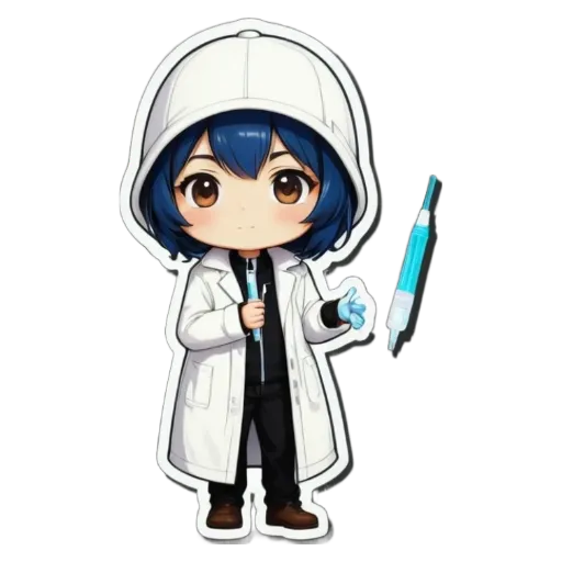 A sticker of a girl with a doctor coat who is holding a syringe.