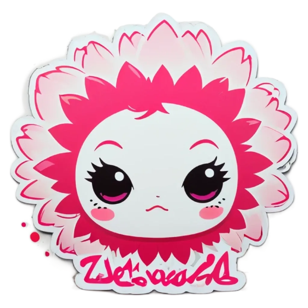 A pink and white face with black eyelashes.
