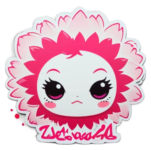A pink and white face with black eyelashes.
