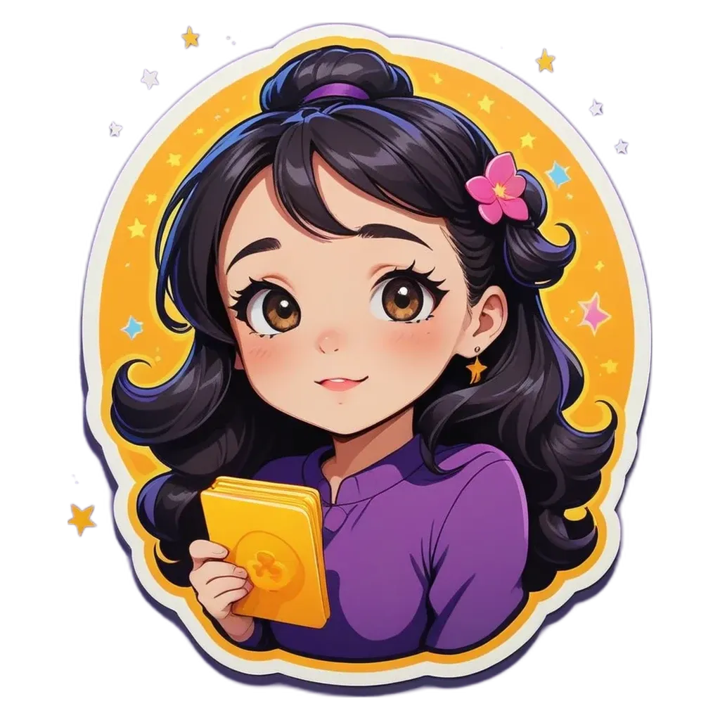 A girl with a purple shirt holding a yellow book.