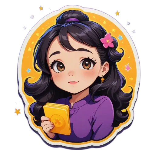 A girl with a purple shirt holding a yellow book.