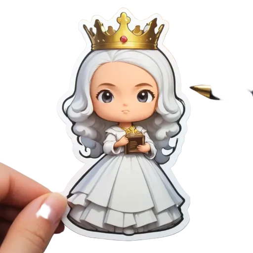 A hand holds a small cartoon girl with a crown sticker on a white background.