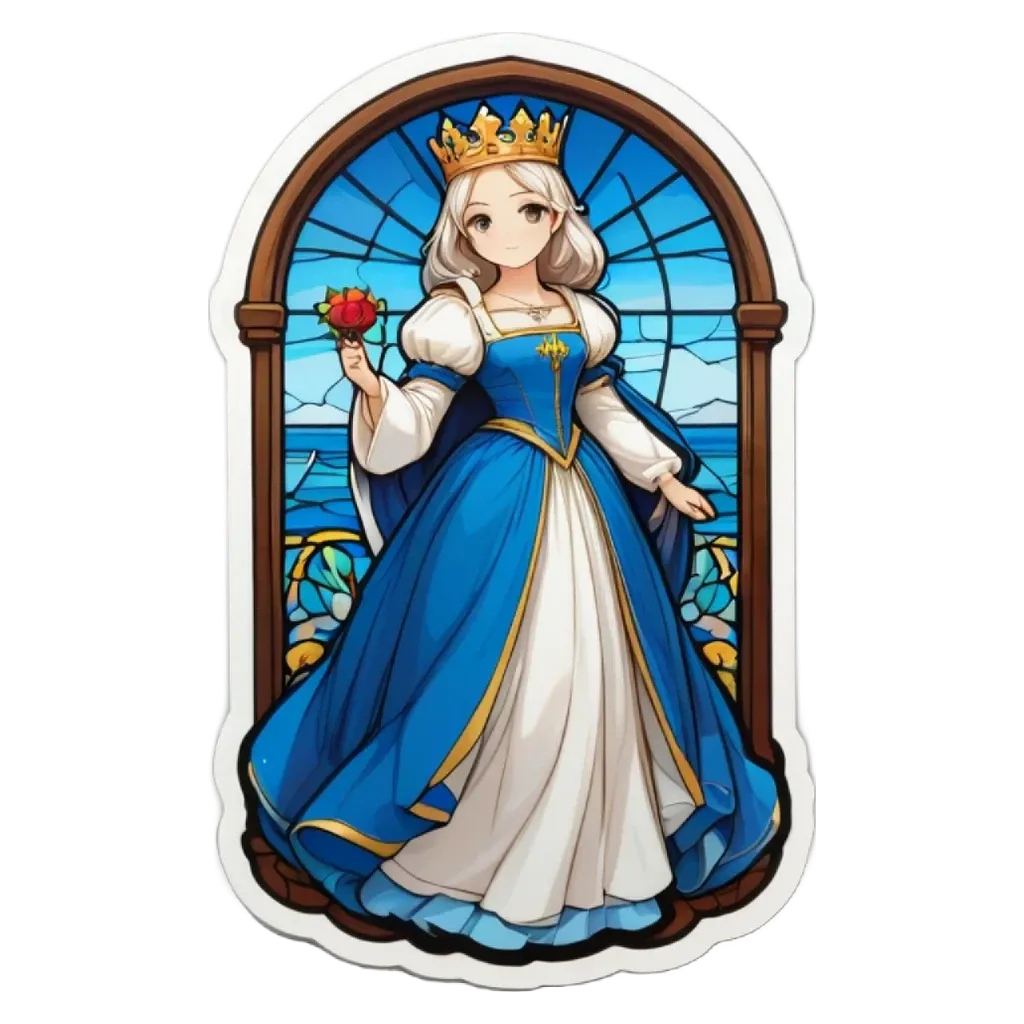 A cartoon drawing of a girl wearing a blue dress with a red rose in her hand.